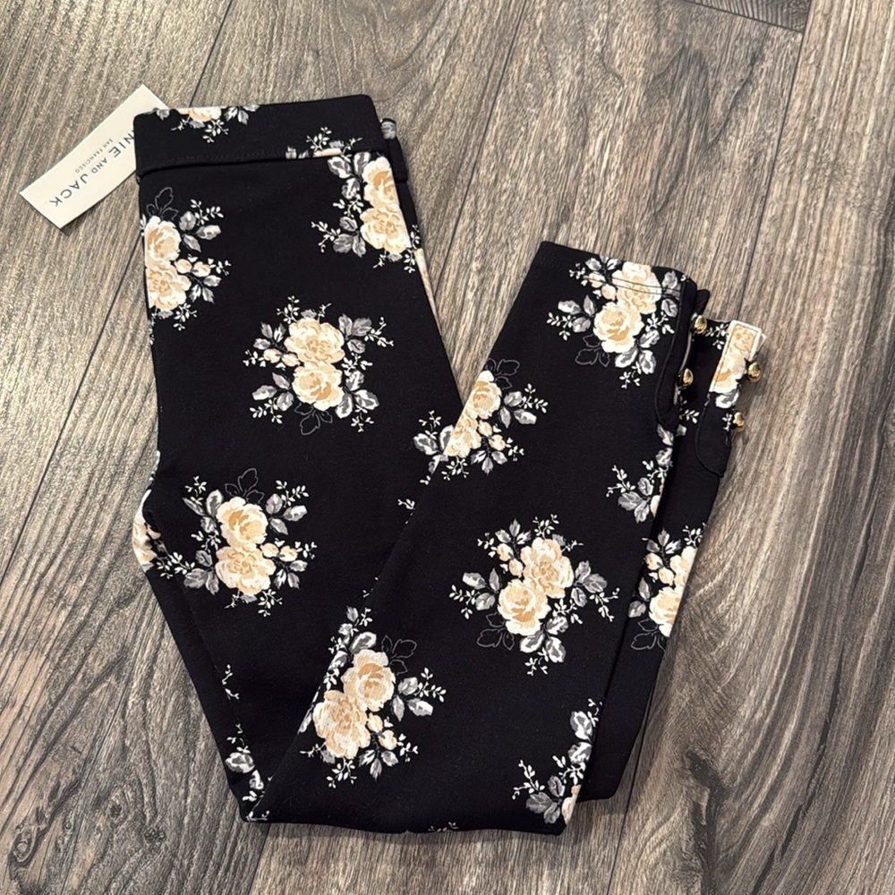 Janie & Jack size 6 girls floral black button cuff ponte pant leggings new